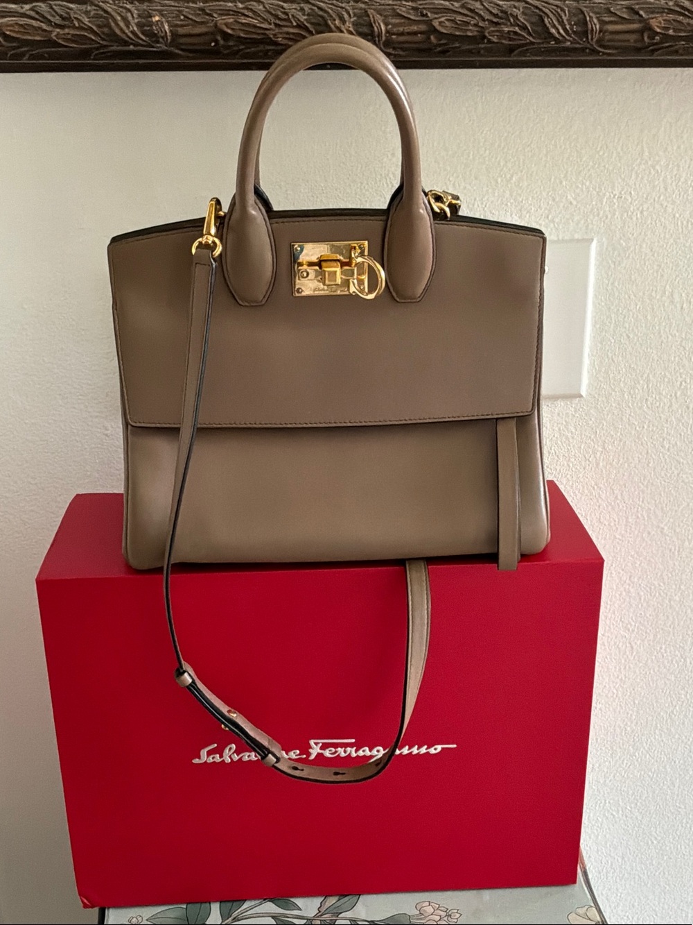 Salvatore Ferragamo Taupe Brown Leather Satchel with Gold Hardware